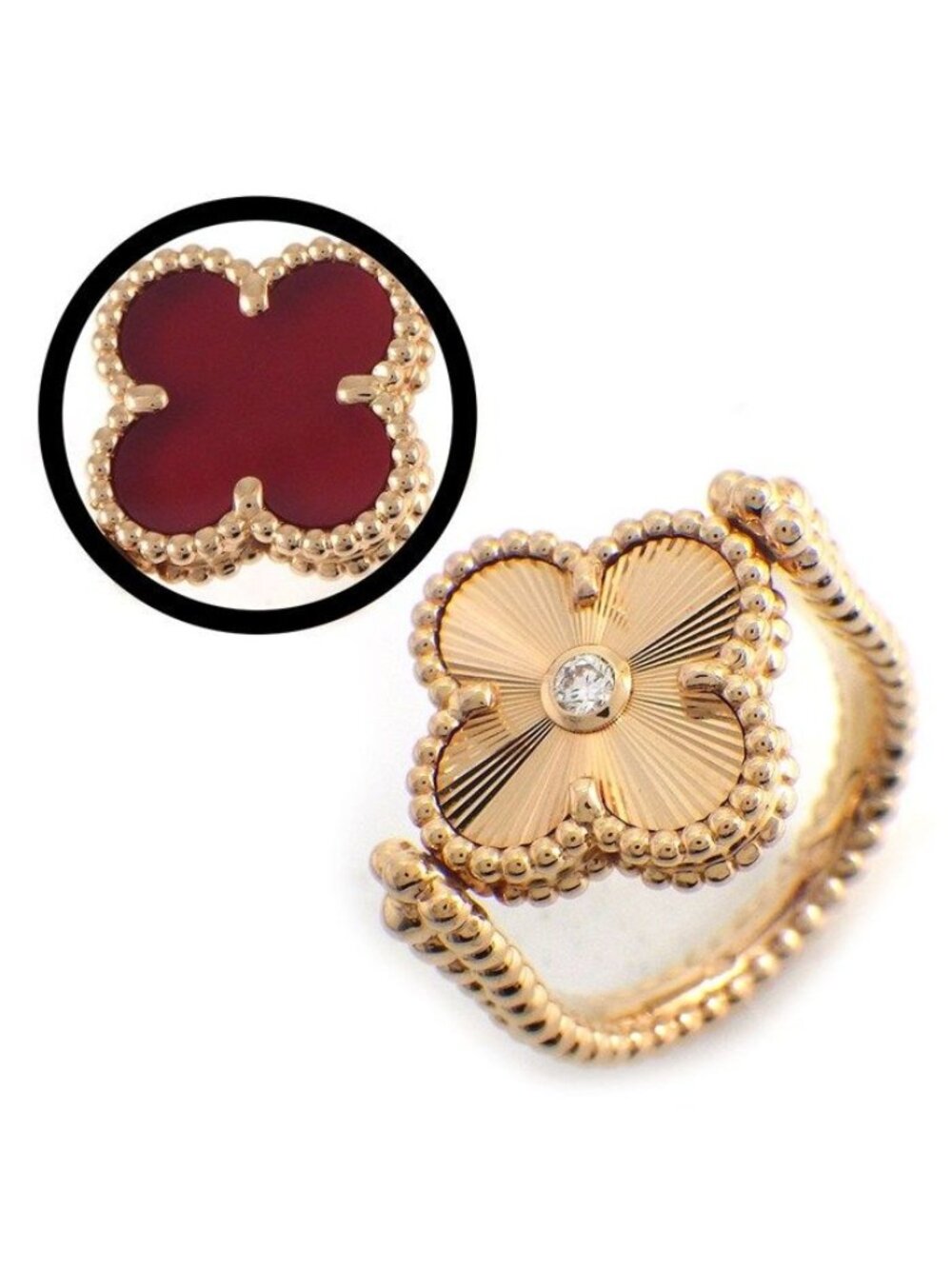 Van Cleef & Arpels Ring Vintage Alhambra Reversible Guilloche Carnelian Point